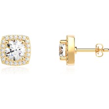 İndigo Takı Kare Çerçeve Tektaş Altın Kaplama Gümüş Küpe