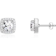 İndigo Takı Kare Çerçeve Tektaş Beyaz Gümüş Küpe