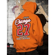 Black Sokak Turuncu Chicago 27 Baskılı Oversize Kapüşonlu Erkek Sweatshirt