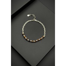 Frnch 925 Ayar Gümüş ve Kaplan Gözü Doğal Taşlı Kahverengi Erkek Bileklik FRJ11990-2090-K