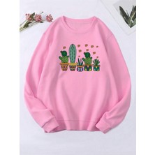 Black Sokak Pembe Kaktüs Baskılı Oversize Bisiklet Yaka Kadın Sweatshirt