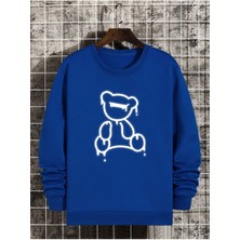 Black Sokak Mavi Ayıcık Baskılı Oversize Bisiklet Yaka Erkek Sweatshirt