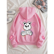 Black Sokak Pembe Üzgün Ayı Baskılı Oversize Kapüşonlu Unisex Sweatshirt