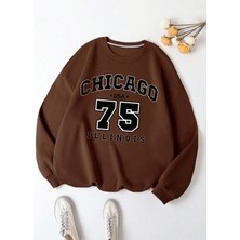 Black Sokak Kahve Rengi Illinois 75 Baskılı Oversize Bisiklet Yaka Erkek Sweatshirt.