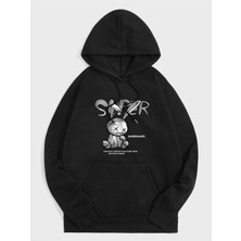 Black Sokak Siyah Süper Tavşan Baskılı Oversize Kapüşonlu Erkek Sweatshirt
