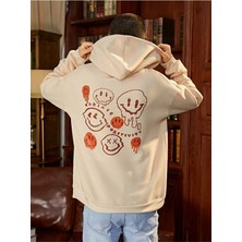 Black Sokak Bej Radiate Baskılı Oversize Kapüşonlu Erkek Sweatshirt
