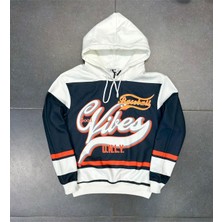Black Sokak Beyaz Lacivert Vibes Baskılı Oversize Erkek Kapuşonlu Sweatshirt.