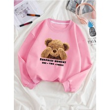 Black Sokak Pembe Ayıcık Baskılı Oversize Bisiklet Yaka Kadın Sweatshirt