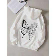 Black Sokak  Parçalı Kelebek Baskılı Beyaz Oversize Kapüşonlu Sweatshirt