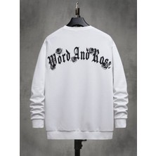 Black Sokak  Work And Rose Baskılı Beyaz Oversize Bisiklet Yaka Sweatshirt