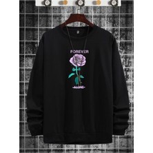 Black Sokak  Forever Gül Baskılı Siyah Oversize Bisiklet Yaka Sweatshirt