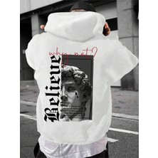Black Sokak Beyaz Believe Baskılı Oversize Kapüşonlu Erkek Sweatshirt