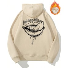 Black Sokak Bej Good Things Baskılı Oversize Kapüşonlu Erkek Sweatshirt