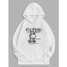 Black Sokak Beyaz Süper Tavşan Baskılı Oversize Kapüşonlu Erkek Sweatshirt