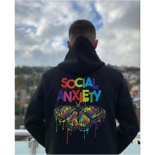 Black Sokak  Erkek Siyah Socıal Anxıety Baskılı Oversize Kapüşonlu Sweatshirt