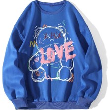 Black Sokak  Unisex Mavi Love Bisiklet Yaka Baskılı Oversize Sweatshirt