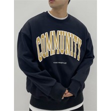 Black Sokak Lacivert Communıty Baskılı Oversize Bisiklet Yaka Erkek Sweatshirt