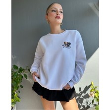 Black Sokak Bebe Mavisi Bear Baskılı Oversize Bisiklet Yaka Kadın Sweatshirt