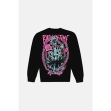 Black Sokak Siyah Back In Times Baskılı Oversize Erkek Bisiklet Yaka Sweatshirt