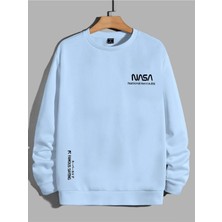 Black Sokak Bebe Mavisi Nasa Baskılı Oversize Bisiklet Yaka Erkek Sweatshirt