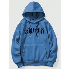 Black Sokak Mavi Telepathy Baskılı Oversize Kapşonlu Erkek Sweatshirt