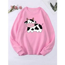 Black Sokak Pembe Inek Baskılı Oversize Bisiklet Yaka Kadın Sweatshirt