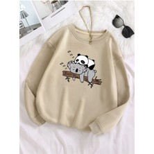 Black Sokak  Unisex Bej Panda Baskılı Oversize Bisiklet Yaka Sweatshirt