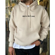 Black Sokak Bej Shall Pass Baskılı Oversize Kapuşonlu Erkek Sweatshirt
