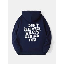 Black Sokak Lacivert Don't Trip Over Baskılı Oversize Kapüşonlu Erkek Sweatshirt