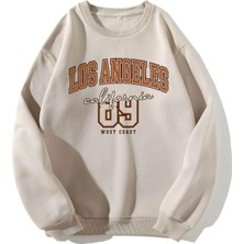 Black Sokak  Unisex Bej Los Angeles 89 Baskılı Oversize Bisiklet Yaka Sweatshirt
