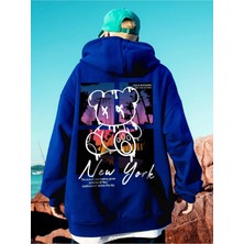 Black Sokak Sax Mavi New York Ayı Baskılı Oversize Erkek Sweatshirt