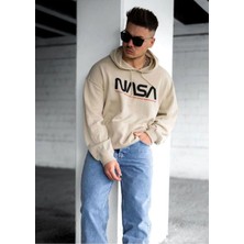 Black Sokak Erkek Bej Nasa Baskılı Oversize Kapüşonlu Sweatshirt