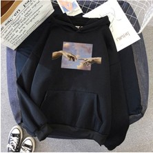 Black Sokak  Siyah Iki El Gökyüzü Baskılı Oversize Kapüşonlu Sweatshirt
