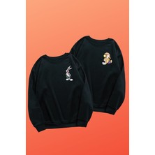 Black Sokak Siyah Bucks Bunny Baskılı Oversize Bisiklet Yaka Sweatshirt Sevgili Kombini