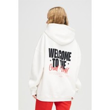 Black Sokak  Unisex Beyaz Welcome Baskılı Oversize Kapüşonlu Sweatshirt