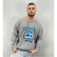 Black Sokak  Erkek Gri Yosemıte Baskılı Oversize Bisiklet Yaka Sweatshirt