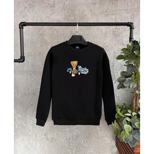 Black Sokak Siyah Ayı Baskılı Oversize Bisiklet Yaka Erkek Sweatshirt