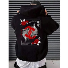 Black Sokak Siyah Japon Balık Baskılı Oversize Kapüşonlu Erkek Sweatshirt