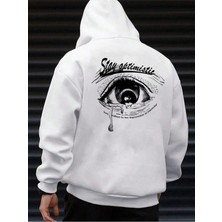 Black Sokak Beyaz Stay Optimistic Baskılı Oversize Kapüşonlu Erkek Sweatshirt