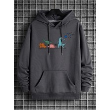 Black Sokak Antrasit Meteor ve Dinozor Baskılı Oversize Kapüşonlu Erkek Sweatshirt