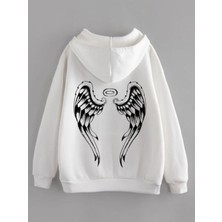 Black Sokak  Melek Kanadı Baskılı Beyaz Oversize Kapüşonlu Sweatshirt