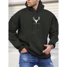 Black Sokak Siyah Geyik Baskılı Oversize Kapüşonlu Erkek Sweatshirt