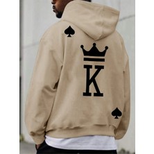 Black Sokak Bej Maça Papaz Baskılı Oversize Kapüşonlu Erkek Sweatshirt