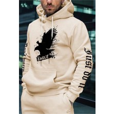 Black Sokak Bej Eagle Baskılı Oversize Kapüşonlu Erkek Sweatshirt