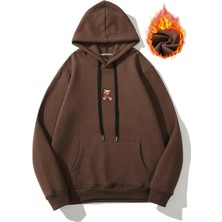 Black Sokak  Erkek Kahverengi Mini Ayıcık Baskılı Oversize Kapüşonlu Sweatshirt