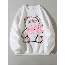 Black Sokak  Unisex Beyaz Love Bisiklet Yaka Baskılı Oversize Sweatshirt
