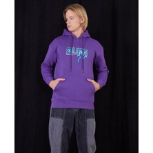 Black Sokak Mor Burn Baskılı Oversize Kapuşonlu Erkek Sweatshirt