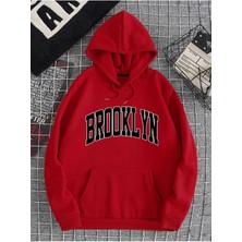 Black Sokak Kırmızı Brooklyn Oval Yazı Baskılı Oversize Kapüşonlu Erkek Sweatshirt