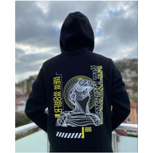Black Sokak  Erkek Siyah New World Baskılı Oversize Kapüşonlu Sweatshirt