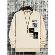 Black Sokak Unisex Bej Nasa Baskılı Bisiklet Yaka Sweatshirt